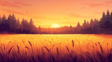 Poster - Sunset over a golden wheat field with tall trees in the background during early evening. Generative AI