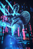 Digital art of the ancient Warsaw Mermaid, surrounded by glowing blue and pink data streams representing digital information. The background is dark with hints of red, purple, blue. 