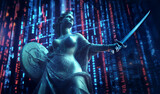 Digital art of the ancient Warsaw Mermaid, surrounded by glowing blue and pink data streams representing digital information. The background is dark with hints of red, purple, blue. 
