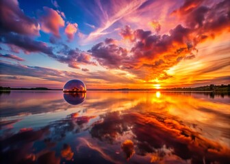 Wall Mural - Stunning Full Orb Sunset Over Serene Lake - High-Resolution Stock Photo