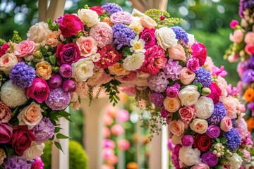 Wall Mural - Stunning Floral Archway, Wedding Ceremony Decor, Deep Depth of Field, Lush Flowers, Romantic Setting