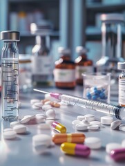 Poster - Close up view of various medications and medical supplies on a laboratory table in a clinical environment. Generative AI