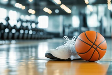 Poster - Basketball shoe and ball resting on gym floor in modern sports facility during practice session. Generative AI