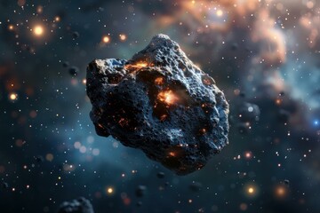 Wall Mural - asteroid glowing orange and flying through space with nebulae and stars