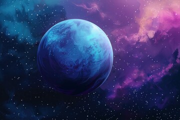 Poster - Cosmic scene with blue exoplanet rotating in vibrant nebula, featuring bright stars, purple clouds, and interstellar dust