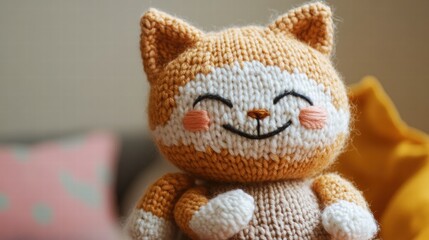 Aufkleber - Cute handmade knitted cat toy with a smile, displayed against a cozy background with colorful cushions. Generative AI