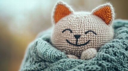 Aufkleber - Cute crocheted cat plushie nestled cozily in a soft blanket with a smiling expression in a warm setting. Generative AI