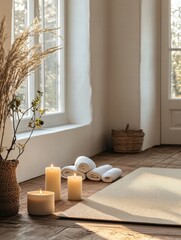 Fototapete - Relaxing spa interior with candles, towels, and natural decor in a sunlit room during daytime. Generative AI