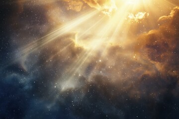 Poster - Majestic light beams shine through golden clouds in a vast, starry sky, creating a breathtaking celestial scene
