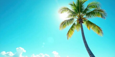 Wall Mural - A single palm tree basks in the vibrant sunlight against a clear, azure sky, a picturesque scene of tropical tranquility and summer bliss.