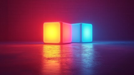 Poster - Two cubes of different colors are lit up and placed on a dark floor