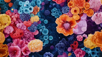 Poster - A vibrant, colorful arrangement of various microscopic flowers and cells set against a dark background, showcasing intricate details and textures.