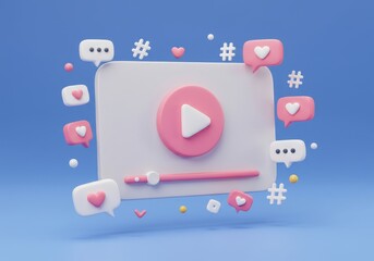 Fototapete - A 3D illustration of a video player interface featuring a pink play button and a progress bar