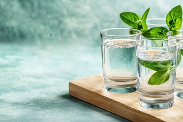 Aufkleber - Refreshing Sparkling Water with Mint Leaves in Glasses on Wooden Board