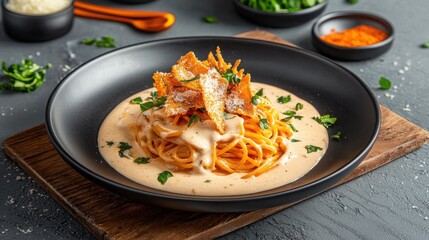 Wall Mural - Creamy pasta topped with crispy garnishes, served in a black bowl on a wooden board, accompanied by herbs and spices.