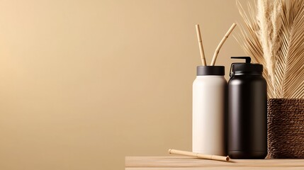 Poster - Stylish Minimalist Beige and Black Bottles with Bamboo Straws and Pampas Grass