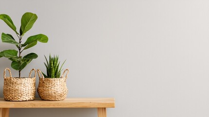 Poster - Modern Home Decor Plants in Baskets on Wooden Bench Minimalist Style