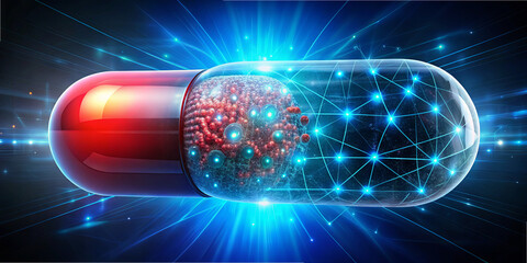Poster - A vibrant capsule is depicted, split to reveal a complex molecular structure inside surrounded by glowing digital connections, creating a futuristic atmosphere
