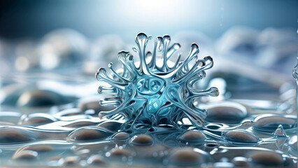 Poster - A unique structure emerges from a bed of liquid droplets, showcasing intricate details and an interplay of light and reflections. The atmosphere feels serene and scientific