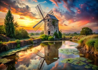 Wall Mural - Surreal Dreamscape: Windmill at Crabec, Whimsical Landscape Photography