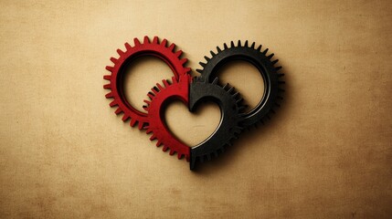 Poster - Two interlocking gears in the shape of a heart, symbolizing love and teamwork on a minimalist background.
