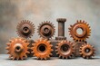 © Sena - A collection of rusty gears and a shaft, arranged on a dark surface against a textured background.