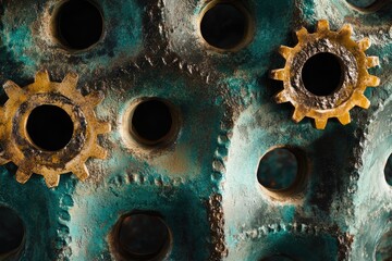 Rustic teal metal surface with two aged golden gears, showcasing industrial texture and design.