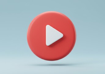 Fototapete - A 3D illustration of a circular red button with a white triangular play symbol in the center