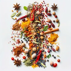 Wall Mural - Various colorful spices and herbs arranged artistically on a white background, creating a vibrant and inviting culinary scene