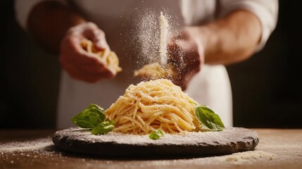 Wall Mural - A chef sprinkles flour over a mound of pasta, garnishing it with fresh basil, highlighting a delicious Italian dish.