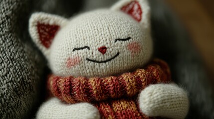Poster - Cute knitted cat toy wrapped in a colorful scarf resting peacefully on a cozy blanket. Generative AI