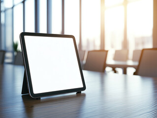 Poster - Blank tablet with a white screen on a desk in an office with sunlight and blurred background