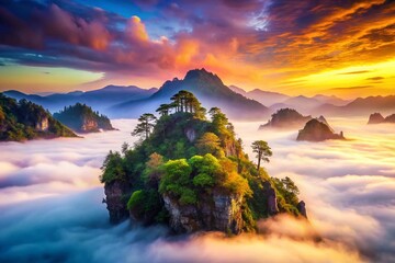 Wall Mural - Surreal Landscape: Floating Island, Misty Mountains, Rule of Thirds Composition