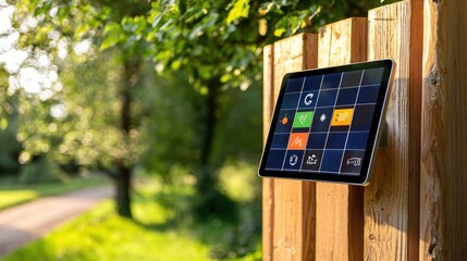 Poster - Solar Powered Tablet Display on Wooden Fence Nature Scene