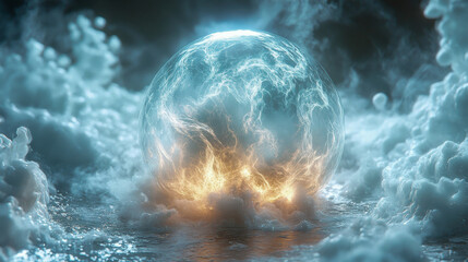 Poster - A glowing white energy sphere emits electric tendrils in a dark atmosphere, evoking a sense of power and mystery. Perfect for abstract energy concepts