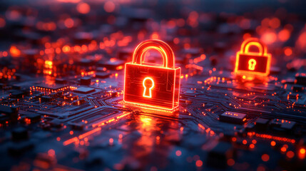 Poster - Three glowing padlock icons on a digital circuit board symbolizing cybersecurity and encryption