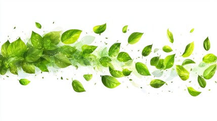 Wall Mural - Dynamic Flow of Green Leaves on White Background for Nature Themes