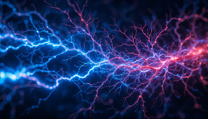 Fototapete - Dynamic blue and red patterns intertwine, portraying the movement of electricity through a dark background. The vivid contrasts emphasize the beauty of energy in motion