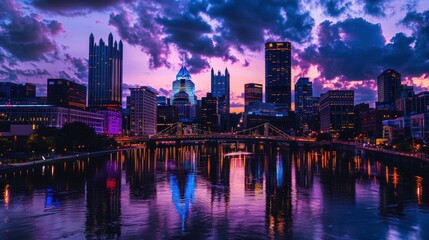 Canvas Print - Vibrant city skyline at twilight, reflecting on calm waters.