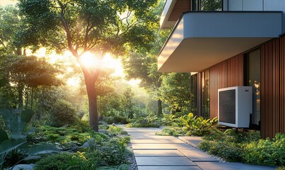 Poster - Modern home, sunrise, outdoor unit, lush garden, energy efficiency