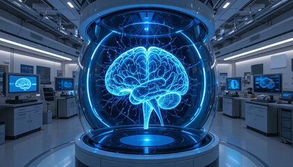 Poster - A futuristic research laboratory features a glowing holographic brain suspended in a glass chamber. Monitors display complex data, highlighting cutting-edge scientific exploration