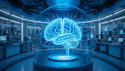Poster - A detailed, luminous brain model is displayed in a glass case, emitting electric-like connections