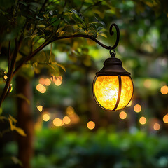 Poster - Illuminated garden lantern hanging on a tree branch with a bokeh background