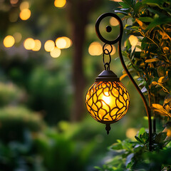 Poster - Decorative lantern hanging in the garden with soft glowing light and bokeh background