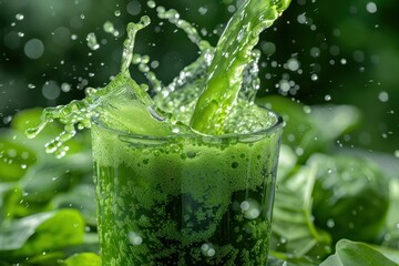 Poster - Glass filling with green smoothie creates splashes on spinach leaves background, healthy and refreshing drink