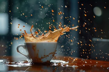 Poster - Coffee is splashing from a white cup on a table, creating a dynamic and messy scene