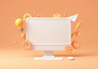 Poster - A 3D illustration of a white desktop monitor with a blank screen with various creative tools, including a light bulb, a paper airplane, a gear, and a puzzle piece