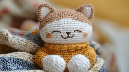 Poster - Cute crocheted cat toy with a warm sweater resting on a colorful blanket in a cozy indoor setting. Generative AI