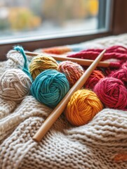 Poster - Colorful yarn balls and knitting needles resting on a cozy knitted blanket beside a window on a sunny autumn afternoon. Generative AI