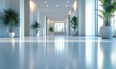 Wall Mural - Modern office hallway, plants, sunlight, clean floor, corporate setting